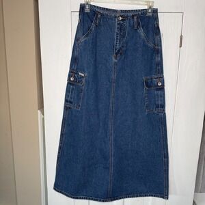 RVT Cargo Maxi Skirt Blue Denim Jean Vintage 5/6 A Line Pockets Y2K Style